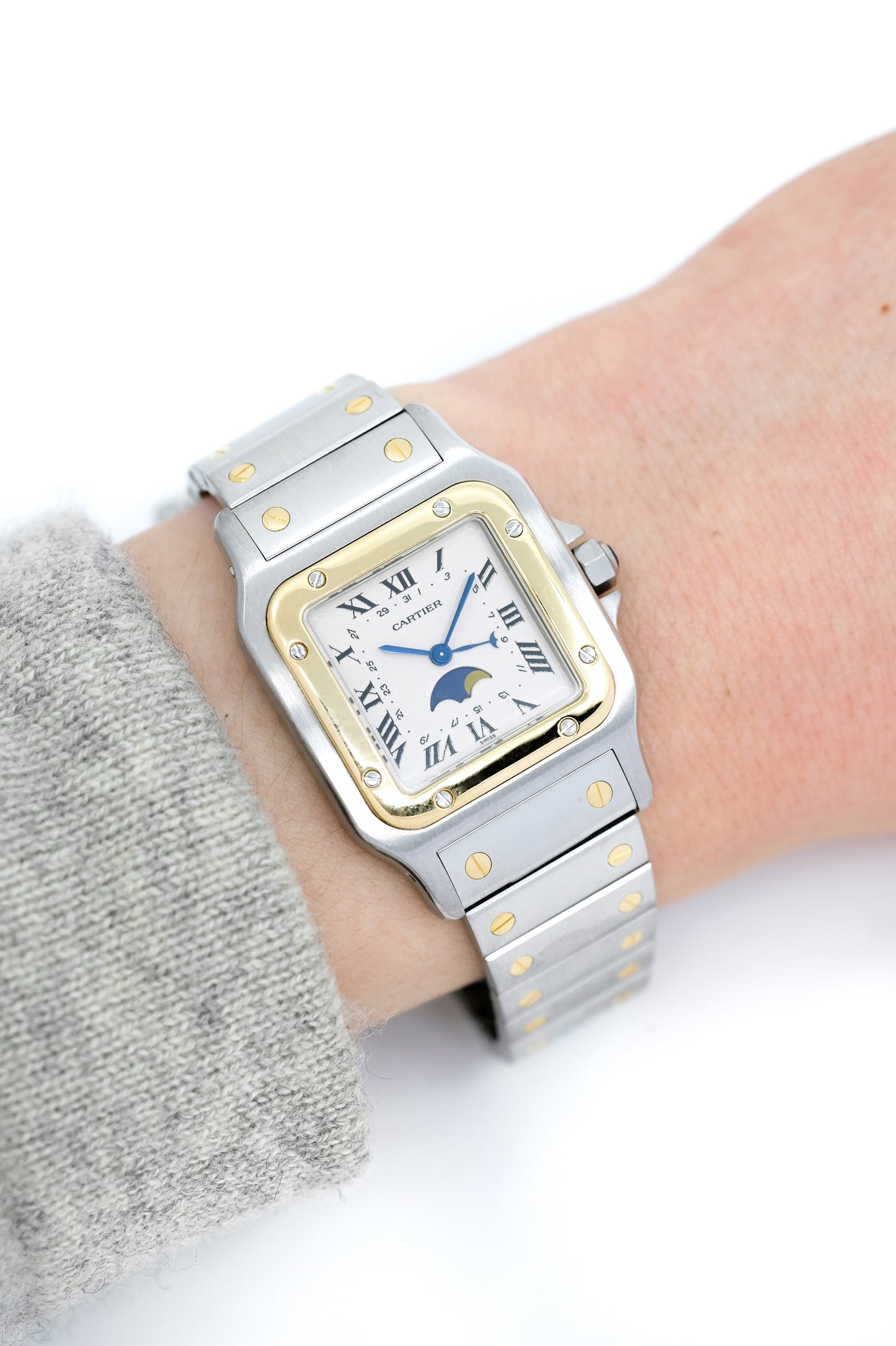 Cartier Santos Galbée Phase de Lune Grand Modèle - Or & Acier - v. 1990